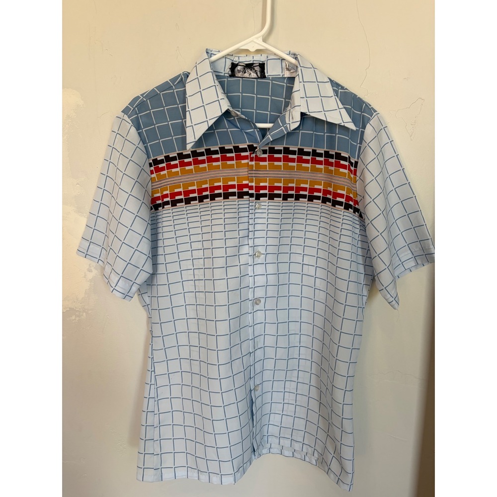 Vintage Quintessa Mens Blue Geometric Grid Button Down Shirt Retro Stripe Medium
